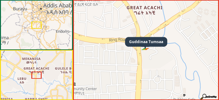 Map showing the address of Guddinaa Tumsaa in three different zoom levels.