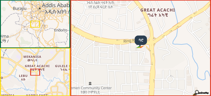 Map showing the address of ባሮ in three different zoom levels.