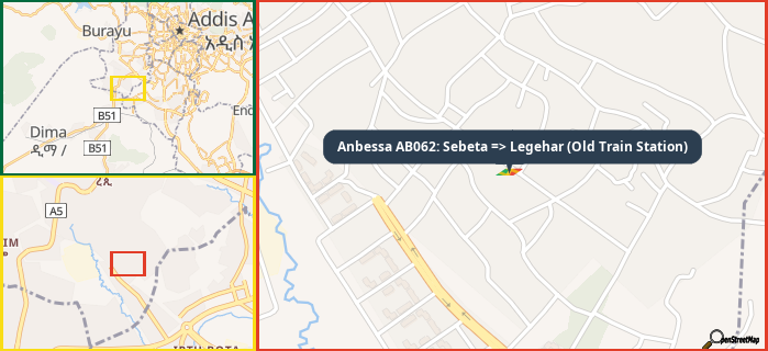 Map showing the address of Anbessa AB062: Sebeta => Legehar (Old Train Station) in three different zoom levels.
