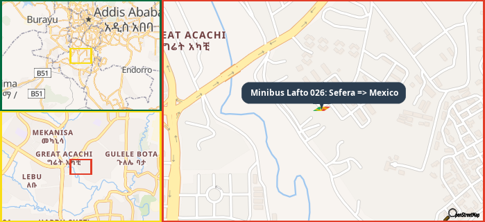 Map showing the address of Minibus Lafto 026: Sefera => Mexico in three different zoom levels.