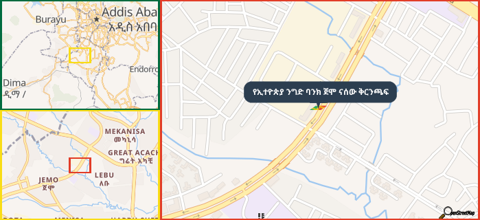 Map showing the address of የኢተዮጵያ ንግድ ባንክ ጀሞ ናሰው ቅርንጫፍ in three different zoom levels.