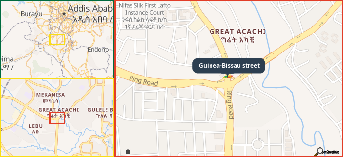 Map showing the address of Guinea-Bissau street in three different zoom levels.