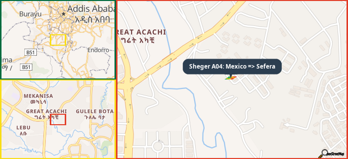 Map showing the address of Sheger A04: Mexico => Sefera in three different zoom levels.