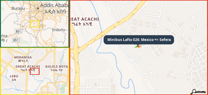 Map showing the address of Minibus Lafto 026: Mexico => Sefera in three different zoom levels.