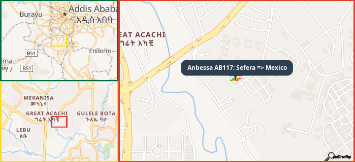 Map showing the address of Anbessa AB117: Sefera => Mexico in three different zoom levels.