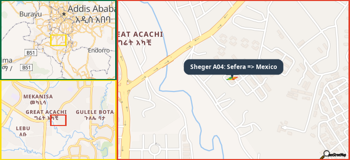 Map showing the address of Sheger A04: Sefera => Mexico in three different zoom levels.