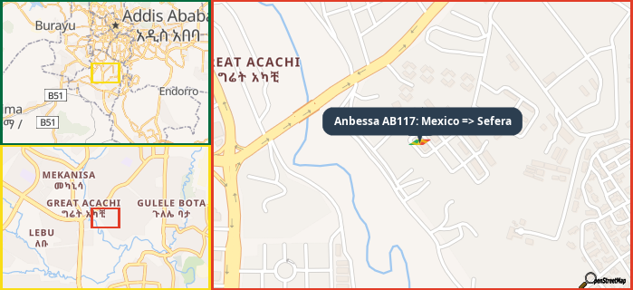 Map showing the address of Anbessa AB117: Mexico => Sefera in three different zoom levels.