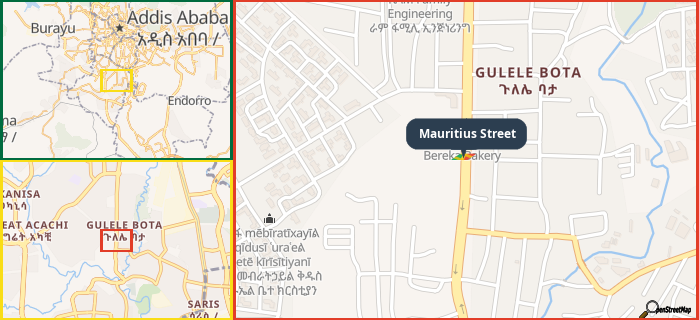 Map showing the address of Mauritius Street in three different zoom levels.