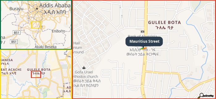 Map showing the address of Mauritius Street in three different zoom levels.