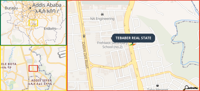 Map showing the address of TEBABER REAL STATE in three different zoom levels.