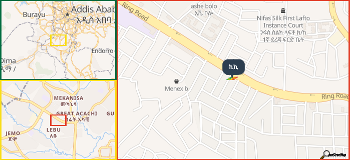 Map showing the address of ኪኪ in three different zoom levels.