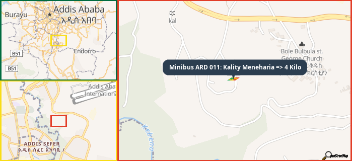 Map showing the address of Minibus ARD 011: Kality Meneharia => 4 Kilo in three different zoom levels.