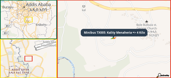 Map showing the address of Minibus TX005: Kality Menaheria => 4 Kilo in three different zoom levels.