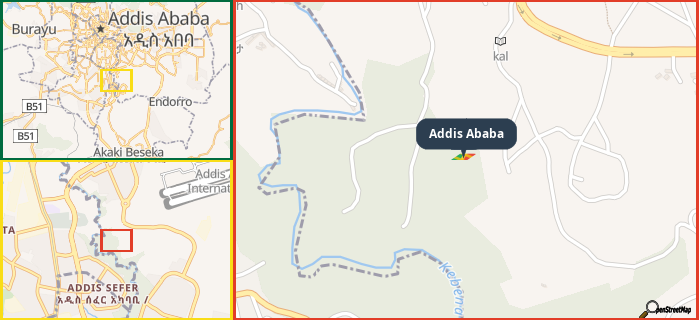 Map showing the address of Addis Ababa in three different zoom levels.