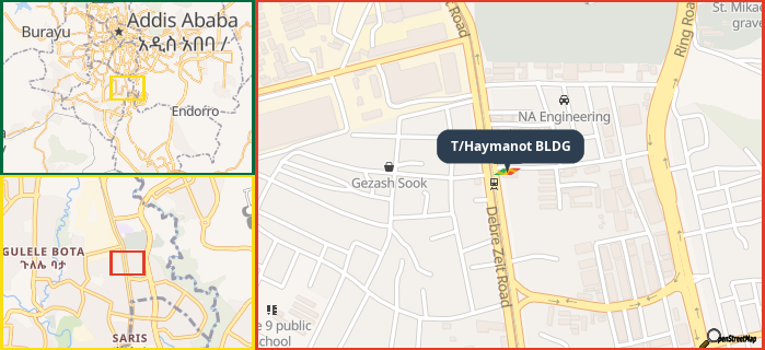 Map showing the address of T/Haymanot BLDG in three different zoom levels.