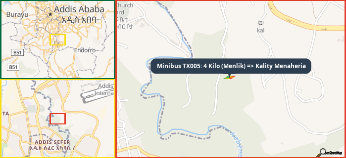 Map showing the address of Minibus TX005: 4 Kilo (Menlik) => Kality Menaheria in three different zoom levels.