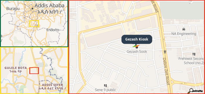 Map showing the address of Gezash Kiosk in three different zoom levels.