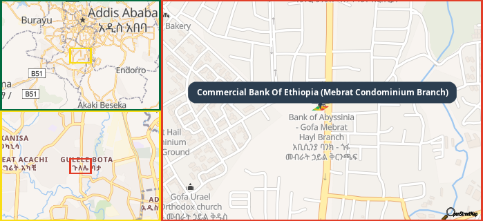 Map showing the address of Commercial Bank Of Ethiopia (Mebrat Condominium Branch) in three different zoom levels.
