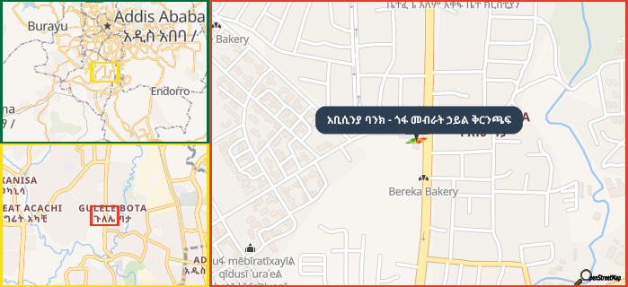 Map showing the address of አቢሲንያ ባንክ - ጎፋ መብራት ኃይል ቅርንጫፍ in three different zoom levels.