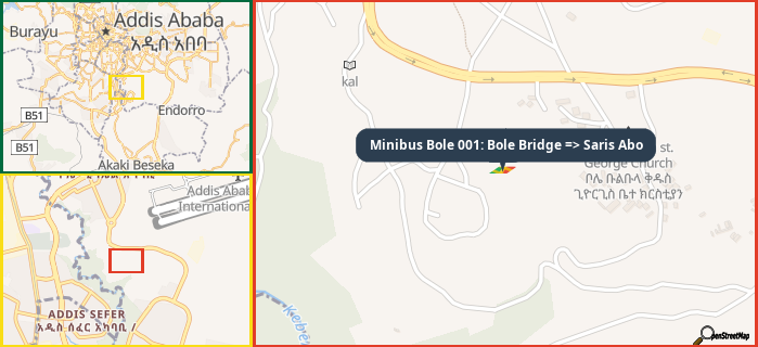 Map showing the address of Minibus Bole 001: Bole Bridge => Saris Abo in three different zoom levels.