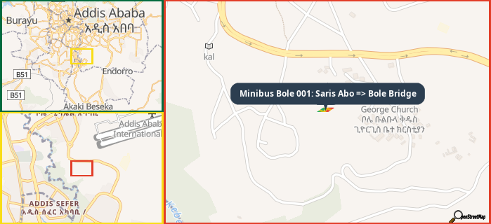 Map showing the address of Minibus Bole 001: Saris Abo => Bole Bridge in three different zoom levels.
