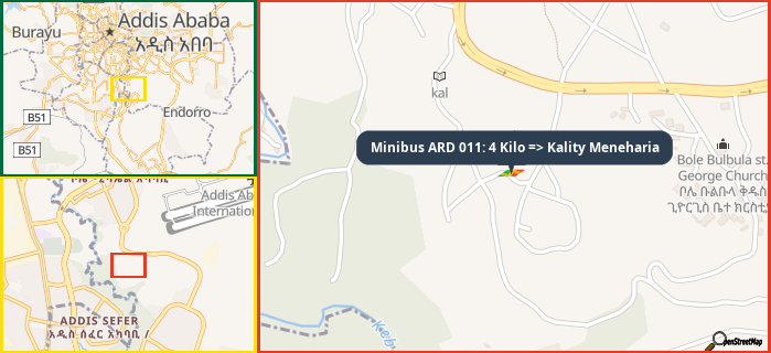 Map showing the address of Minibus ARD 011: 4 Kilo => Kality Meneharia in three different zoom levels.