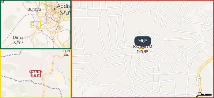 Map showing the address of ኮሺም in three different zoom levels.