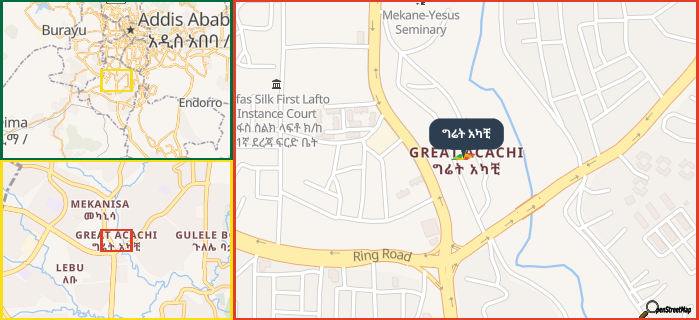 Map showing the address of ግሬት አካቺ in three different zoom levels.