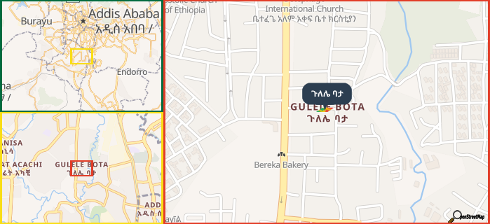 Map showing the address of ጉለሌ ባታ in three different zoom levels.