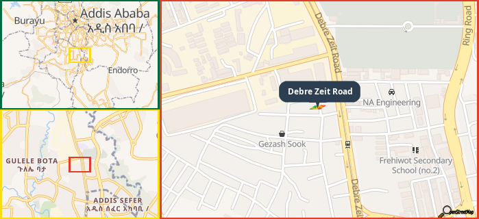 Map showing the address of Debre Zeit Road in three different zoom levels.