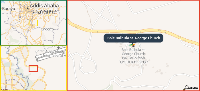 Map showing the address of Bole Bulbula st. George Church in three different zoom levels.