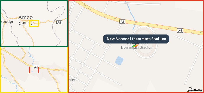 Map showing the address of New Nannoo Libammaca Stadium in three different zoom levels.