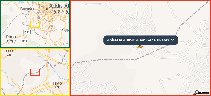 Map showing the address of Anbessa AB050: Alem Gena => Mexico in three different zoom levels.