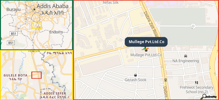 Map showing the address of Mullege Pvt.Ltd.Co in three different zoom levels.