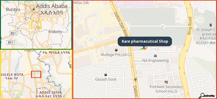 Map showing the address of Kare pharmacutical Shop in three different zoom levels.
