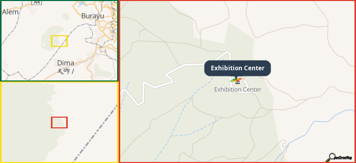 Map showing the address of Exhibition Center in three different zoom levels.