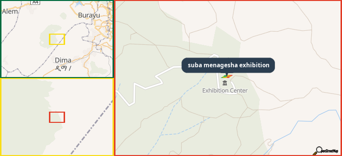 Map showing the address of suba menagesha exhibition in three different zoom levels.