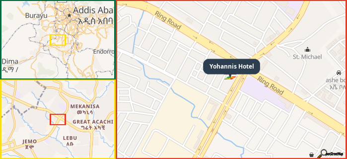 Map showing the address of Yohannis Hotel in three different zoom levels.