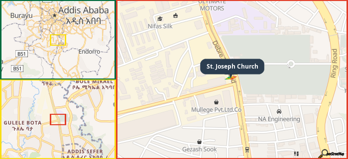 Map showing the address of St. Joseph Church in three different zoom levels.