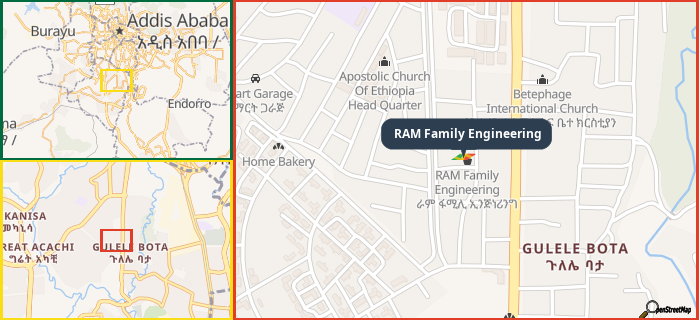 Map showing the address of RAM Family Engineering in three different zoom levels.