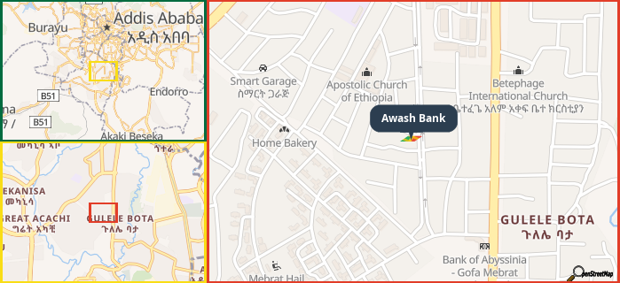 Map showing the address of Awash Bank in three different zoom levels.