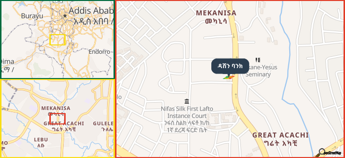 Map showing the address of ዳሽን ባንክ in three different zoom levels.