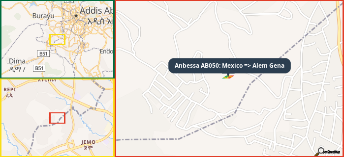 Map showing the address of Anbessa AB050: Mexico => Alem Gena in three different zoom levels.