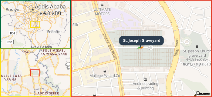 Map showing the address of St. Joseph Graveyard in three different zoom levels.