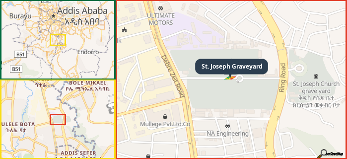 Map showing the address of St. Joseph Graveyard in three different zoom levels.