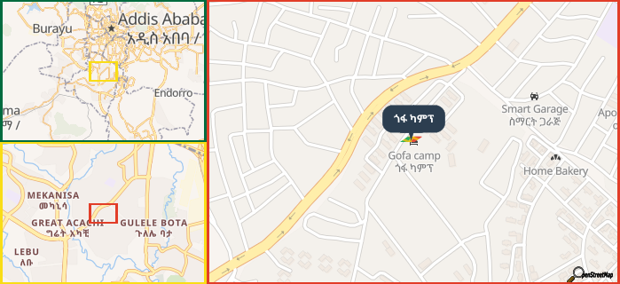 Map showing the address of ጎፋ ካምፕ in three different zoom levels.