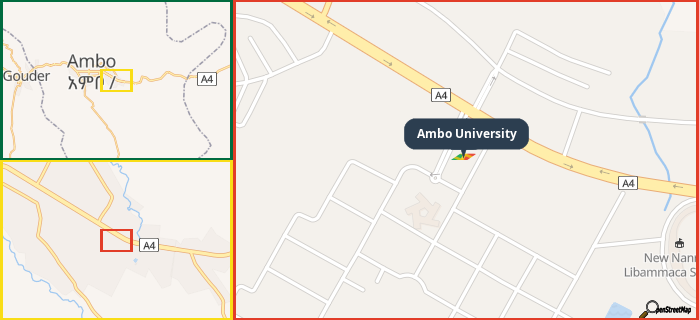 Map showing the address of Ambo University in three different zoom levels.