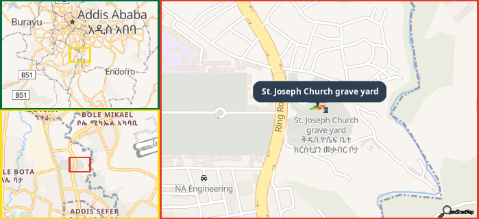 Map showing the address of St. Joseph Church grave yard in three different zoom levels.