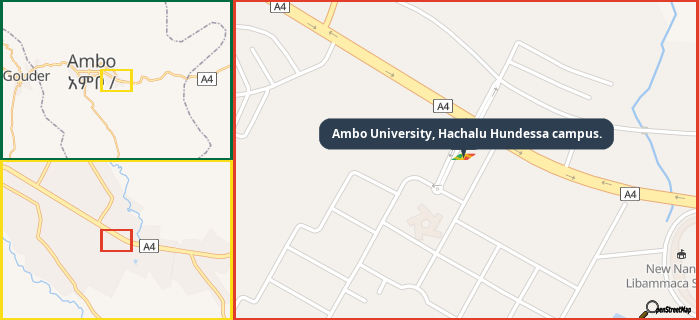 Map showing the address of Ambo University, Hachalu Hundessa campus. in three different zoom levels.