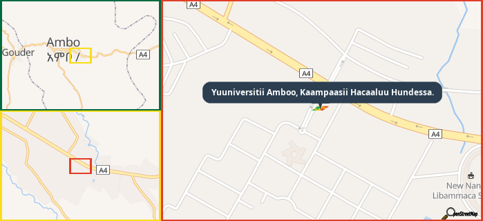 Map showing the address of Yuuniversitii Amboo, Kaampaasii Hacaaluu Hundessa. in three different zoom levels.